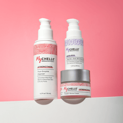 MyChelle Perfect Morning Bundle - Pumpkin Renew Cream, Anti-Wrinkle Serum and Fruit Enzyme Cleanser. All 3 products shown on a gradient background
