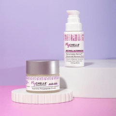 Perfect Partners: Renew & Firm - Two skincare products from MyChelle on a pink and purple background